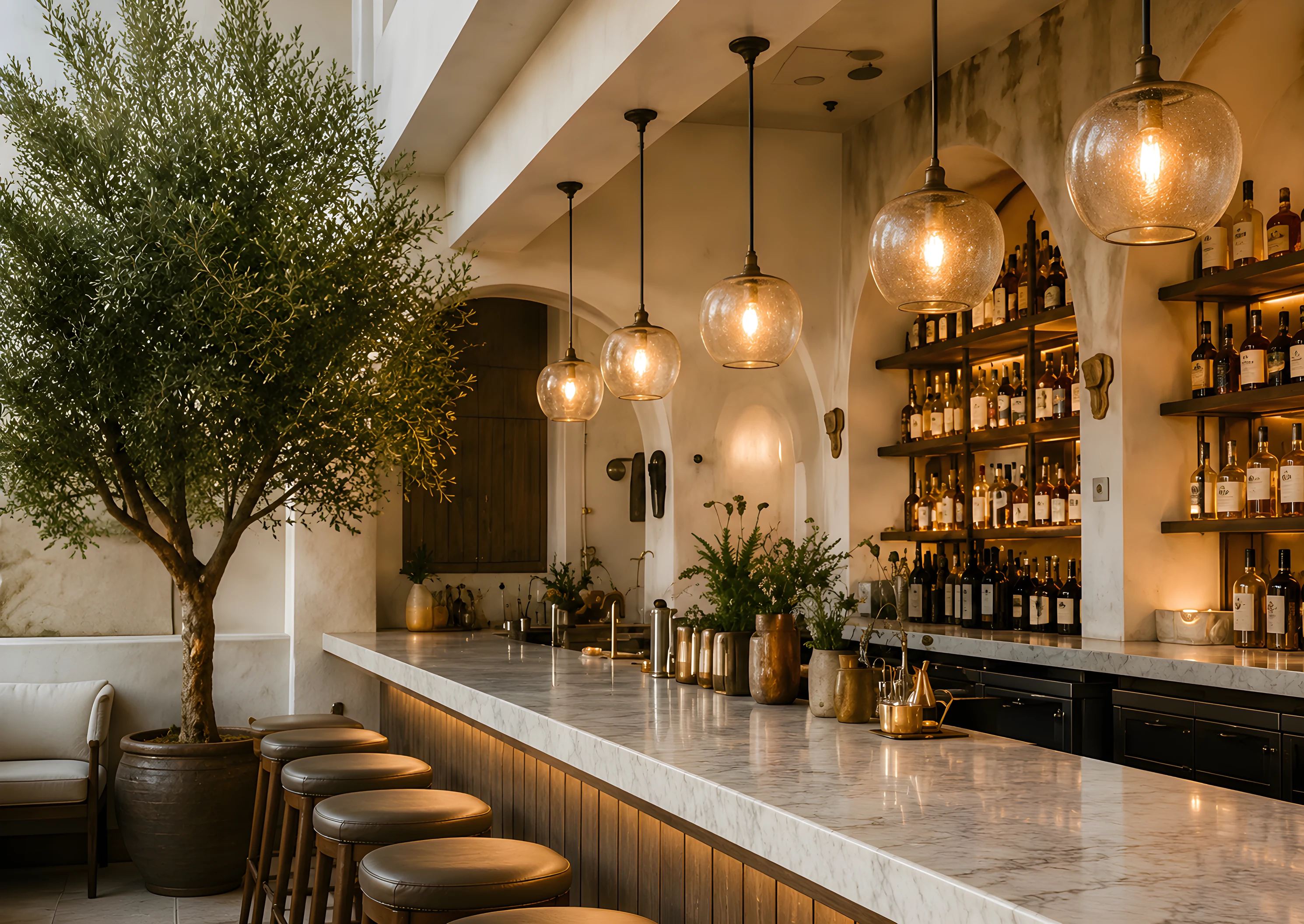 Citria's marble bar beneath glass pendant lights, an olive tree beside the bar stools