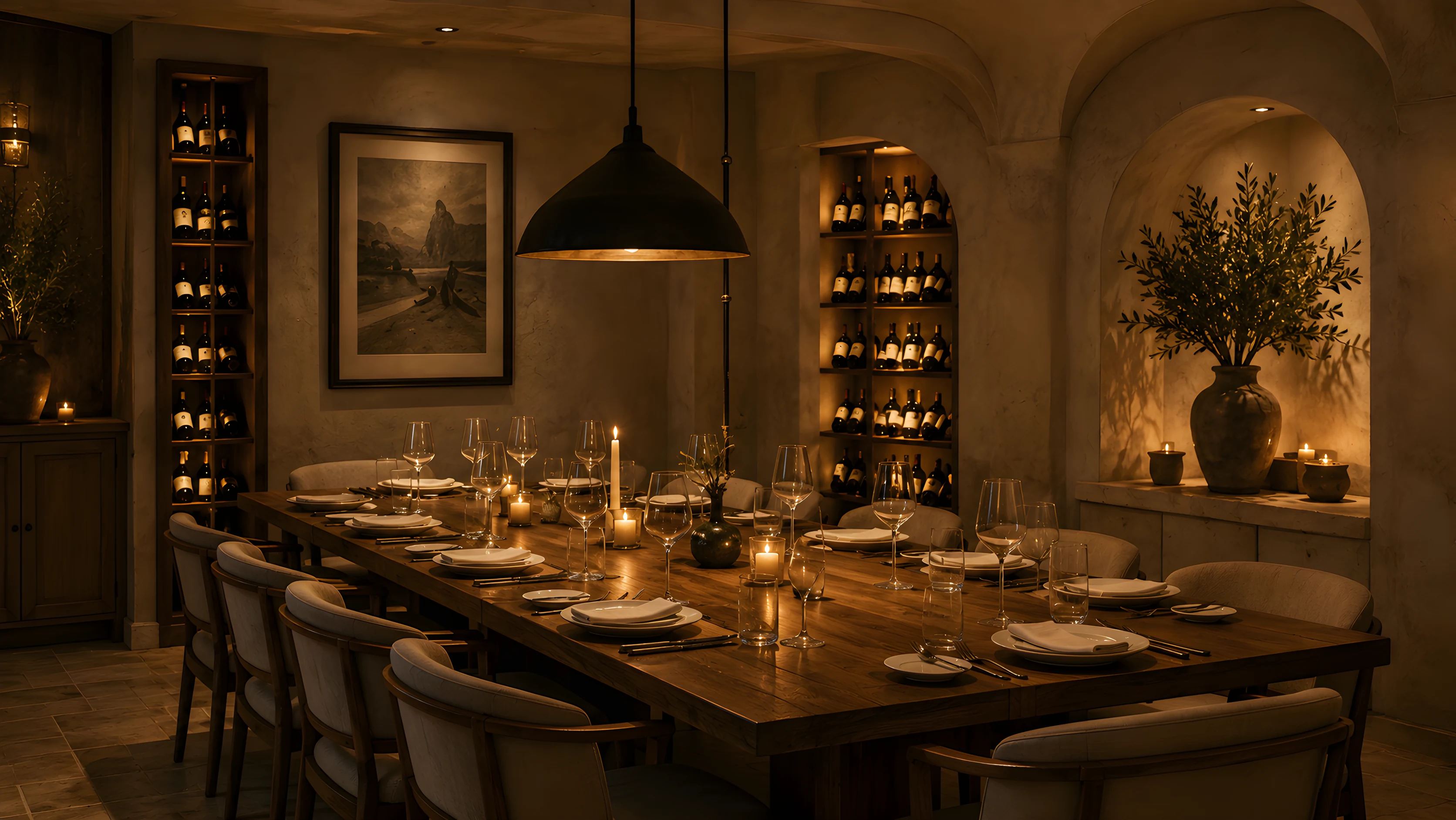 The Olive Room set for a private dinner, a long oak table under warm pendant light with wine on the shelves behind