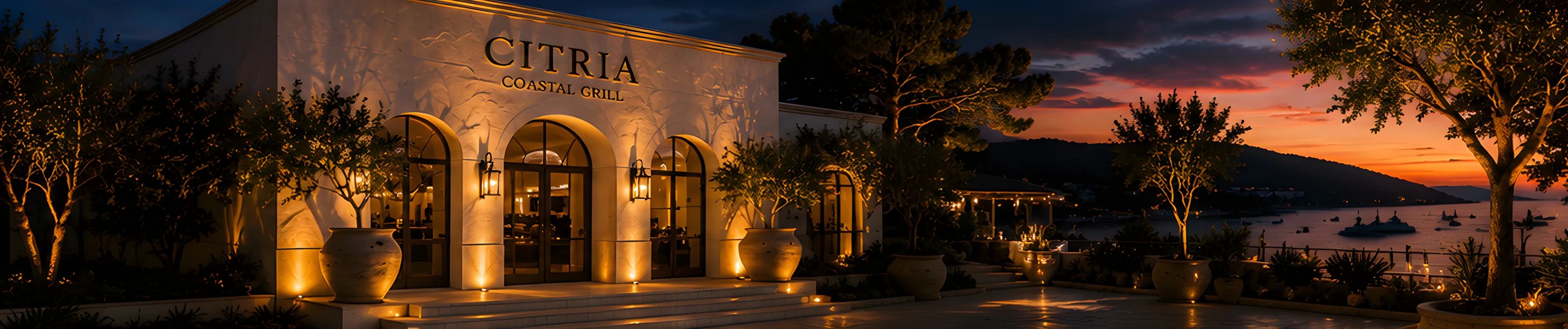 Citria's plaster façade at dusk, arched windows glowing warm against an orange and violet sky over the water